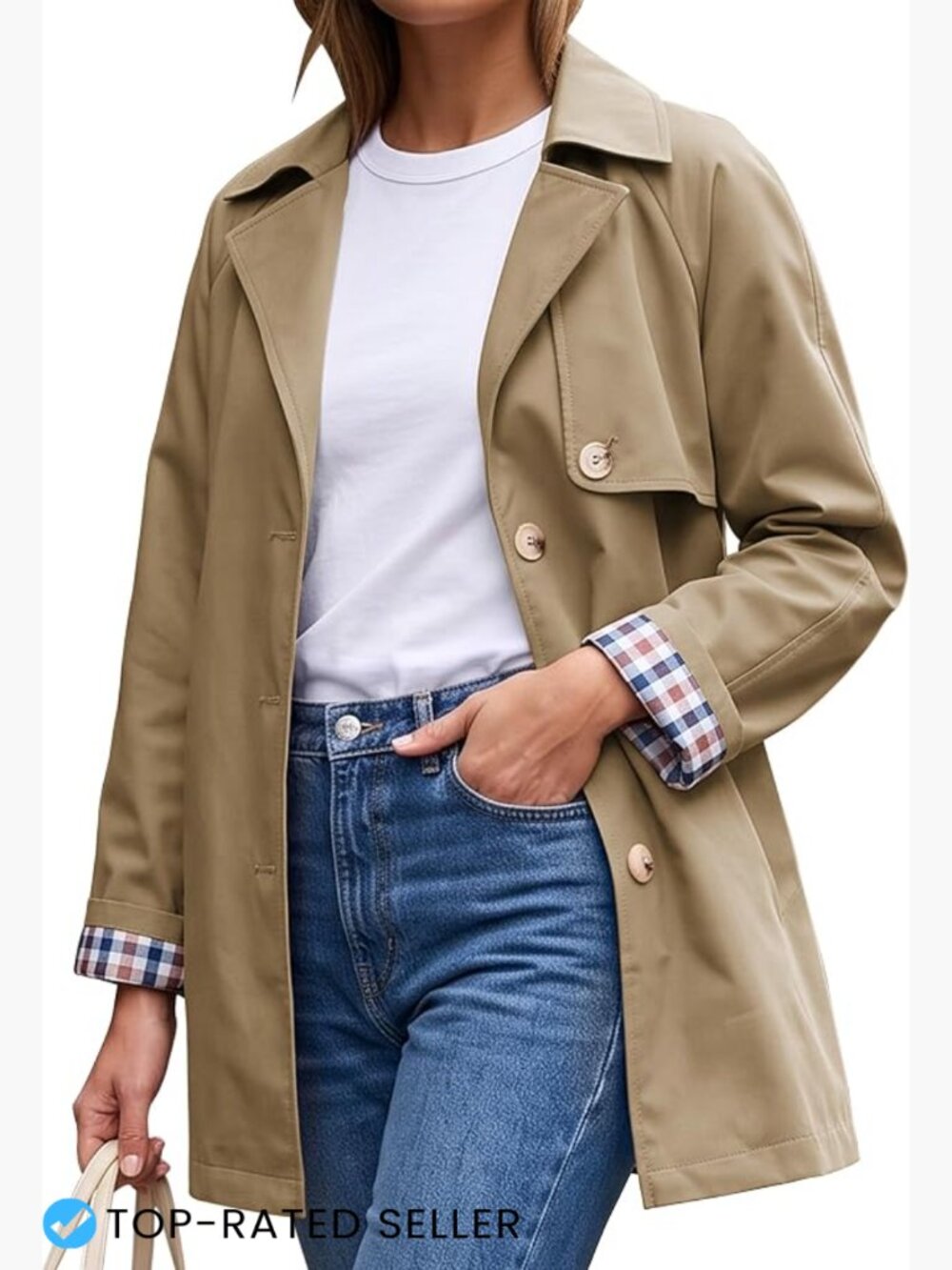 Classic Single Breasted Trench Coat Lightweight Windproof Plaid Lined Long